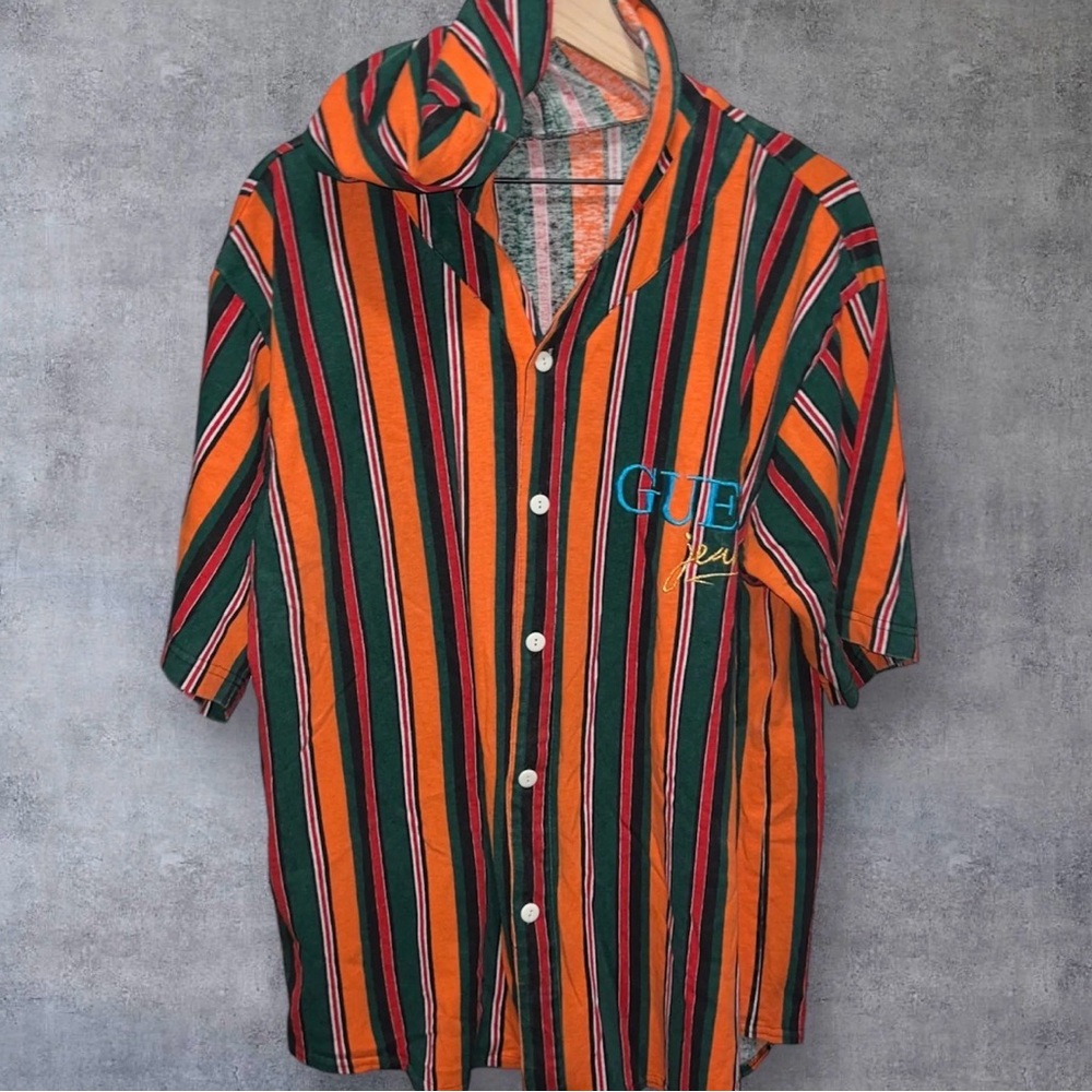 GUESS Men's Orange and Green Striped Button Down Shirt